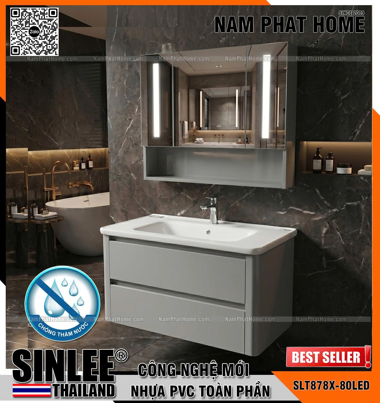 SLT878X-80LED, Bộ tủ lavabo Pvc, Bo cong, Tủ gương led, Màu trắng, Size 800x480mm Nhựa PVC Chống Thấm (1)