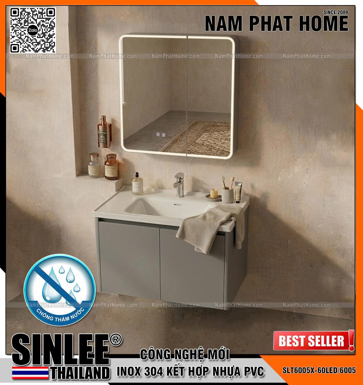 SLT6005X-60LED/6005 Bộ tủ lavabo khung inox +Pvc chống thấm, , Màu xám , Size 600x480mm (1)