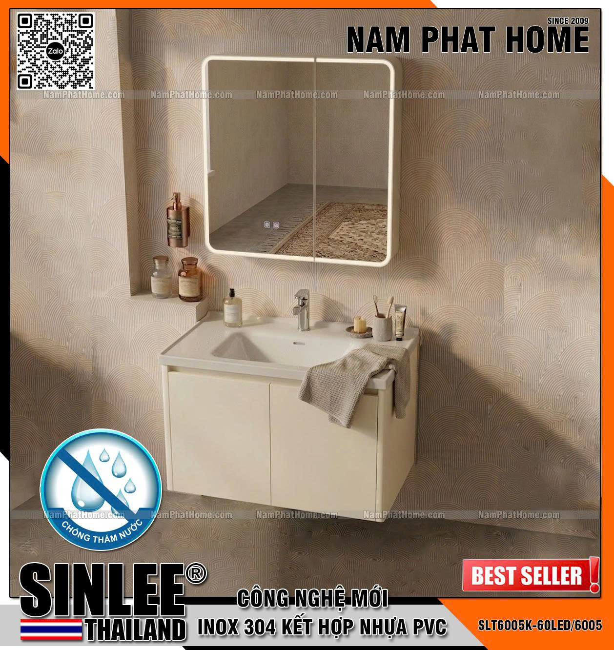 SLT6005K-60LED/6005 Bộ tủ lavabo khung inox +Pvc chống thấm, , Màu kem, Size 600x480mm