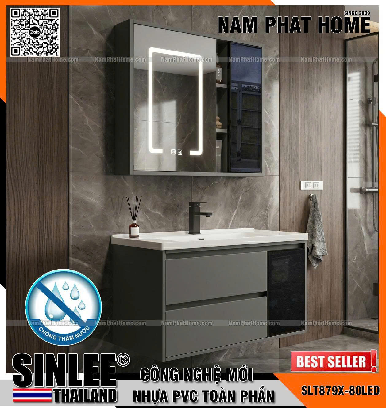 SLT879X-80LED, Bộ tủ lavabo Pvc, Bo cong, Tủ gương led, Màu trắng, Size 800x480mm Nhựa PVC Chống Thấm